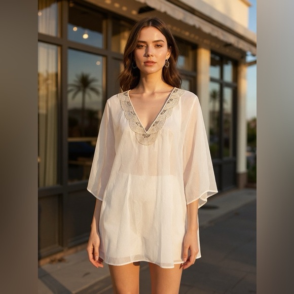 Venus Tunic top Cape white metallic bead size medium sheer Vneck gold embroidery - Picture 1 of 16